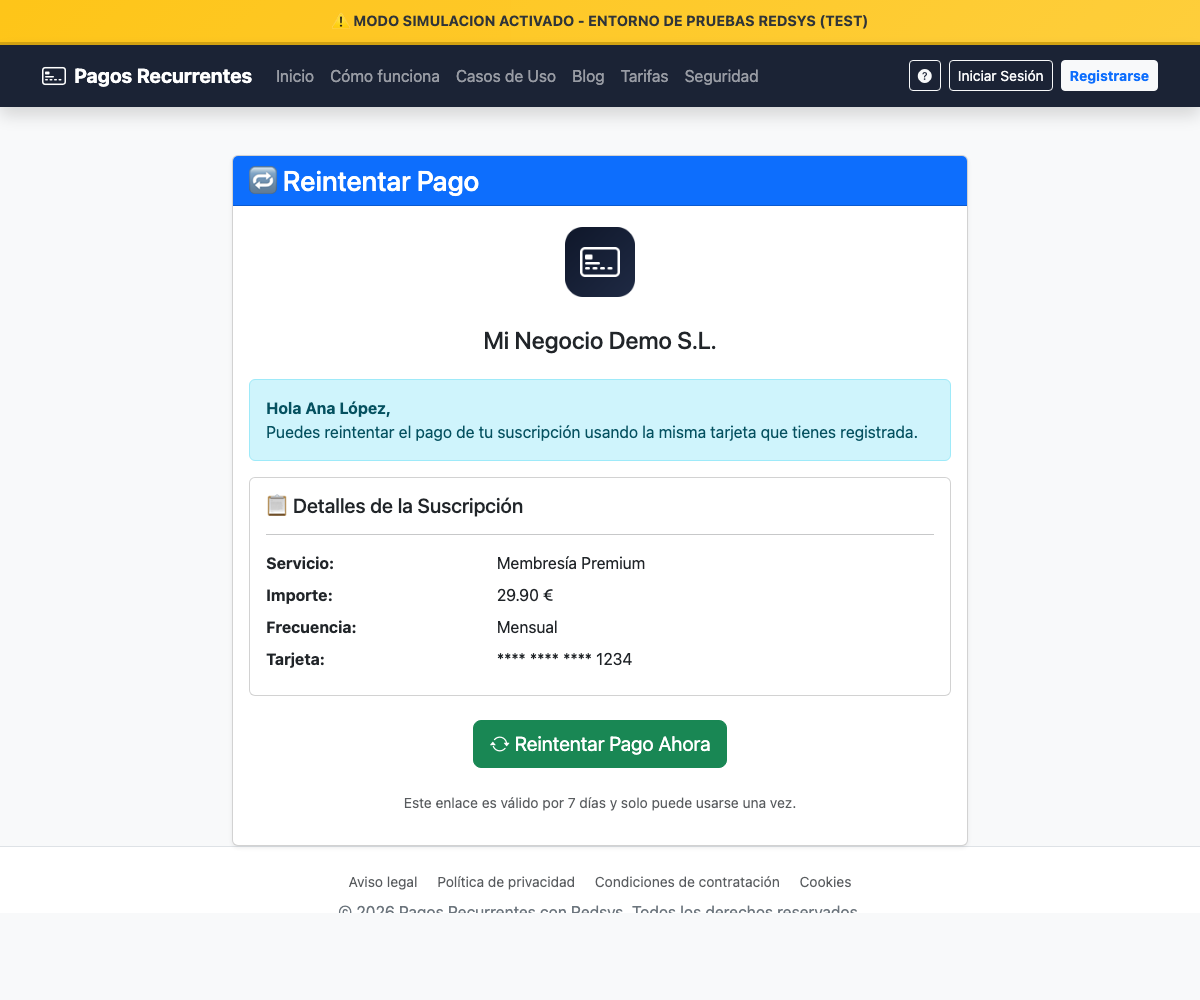 Pantalla: Actualizar método de pago tras un fallo (ejemplo)