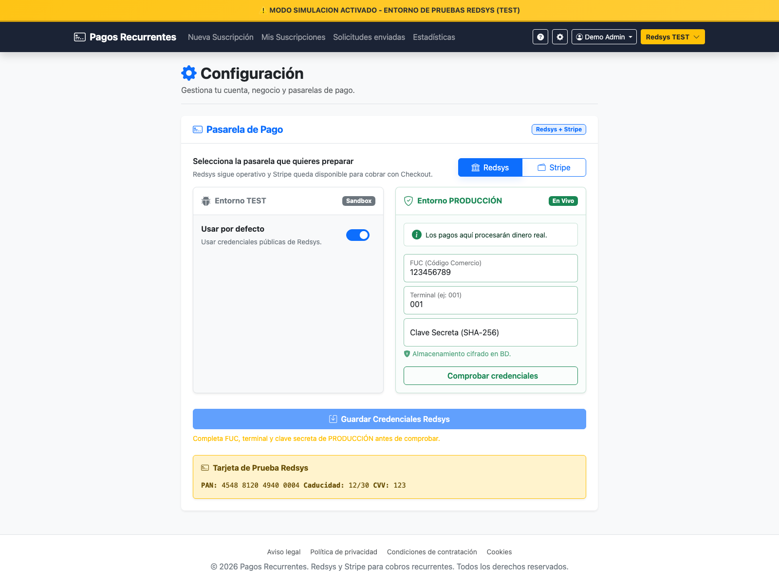 Pantalla: Configuración de pasarelas de pago