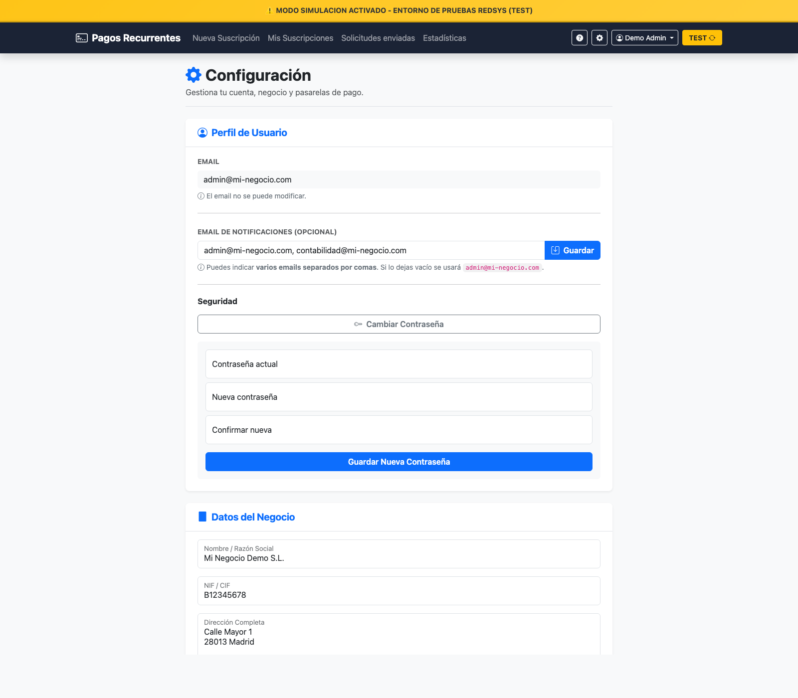 Pantalla: Configuración (incluye bloque de credenciales Redsys)