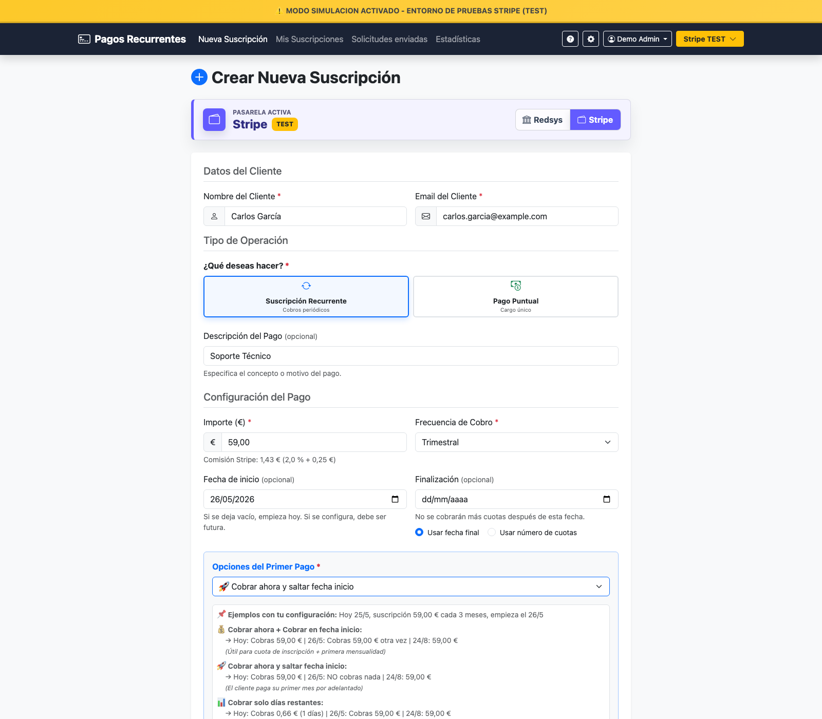Pantalla: Crear suscripción o pago puntual con pasarela activa (ejemplo)