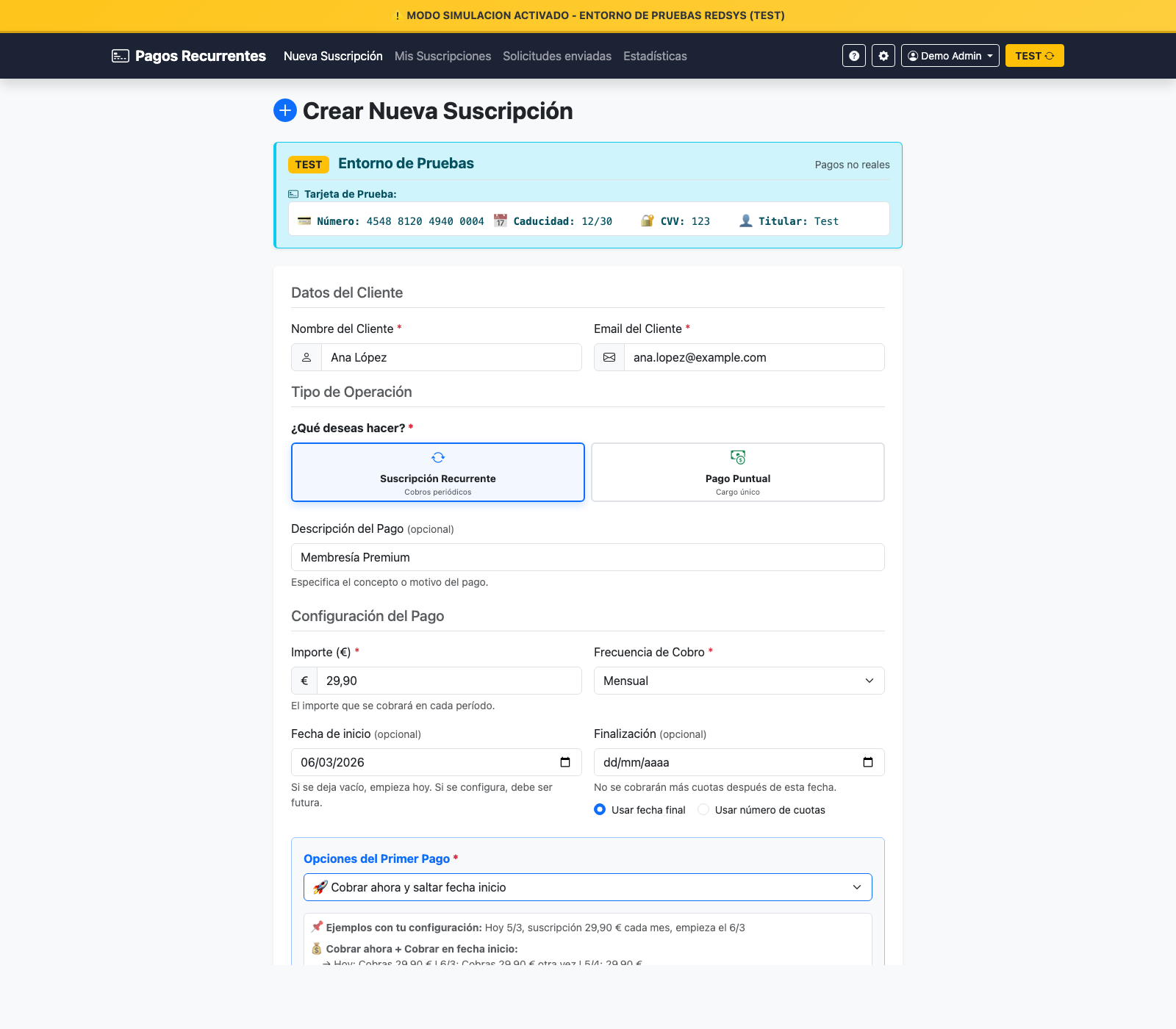 Pantalla: Crear suscripción o pago puntual (ejemplo)