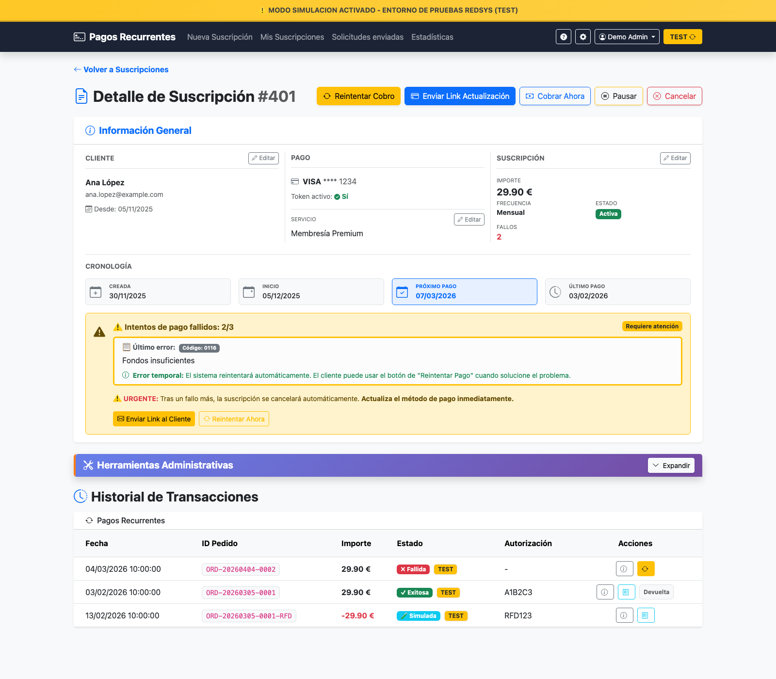 Pantalla: Detalle de suscripción con acciones (ejemplo)