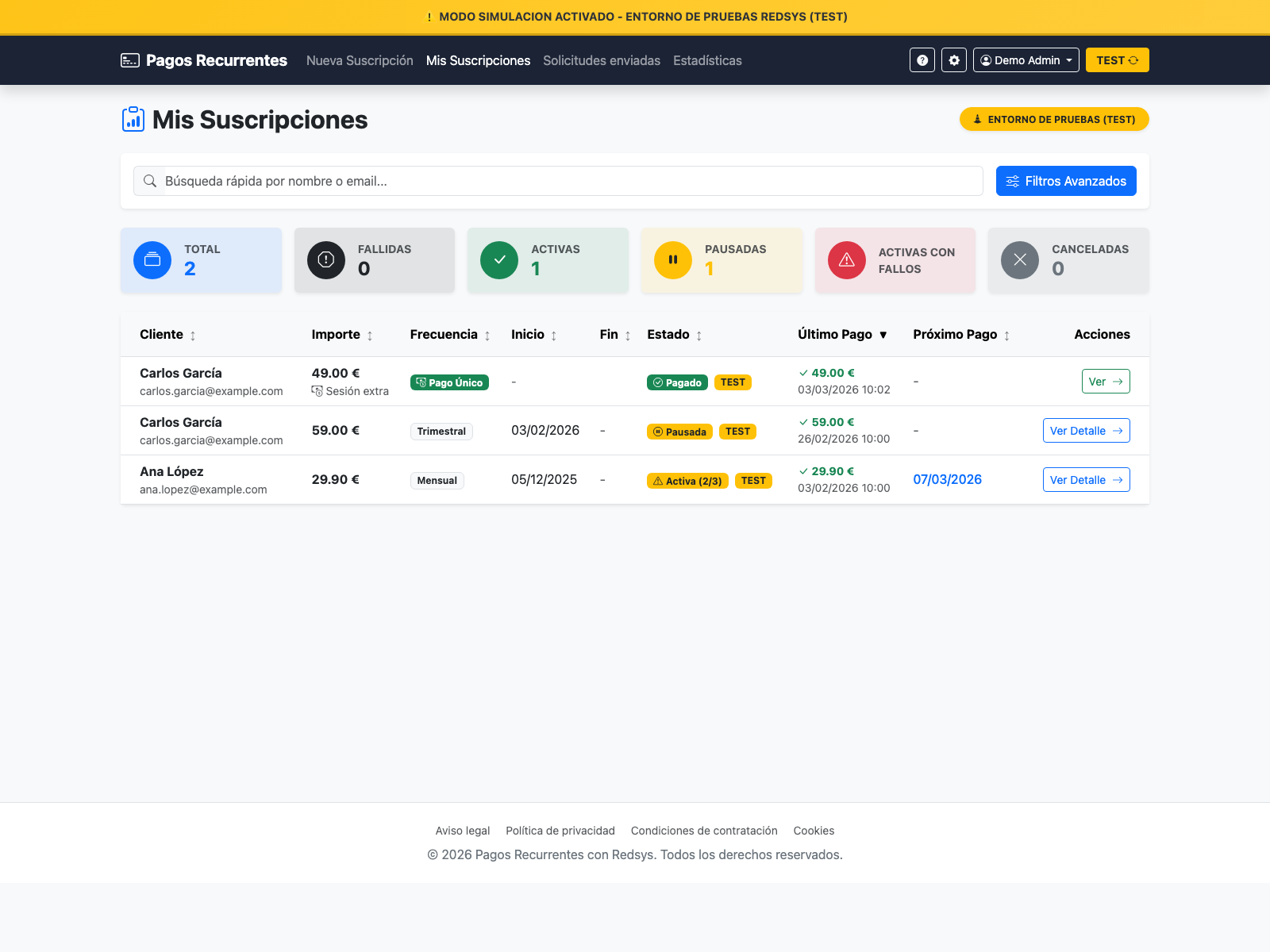 Pantalla: Lista de suscripciones con indicador de modo (ejemplo)
