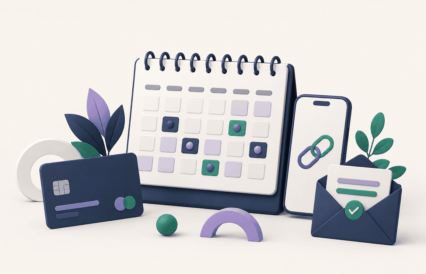 Tarjeta, enlace móvil y transferencia representados alrededor de un calendario