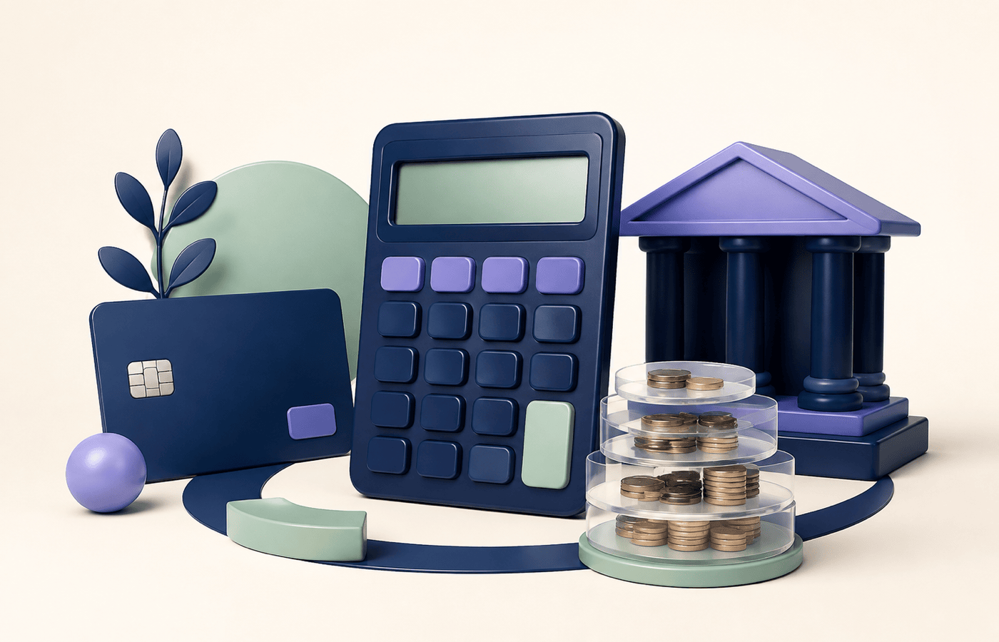 Calculadora entre una tarjeta y un banco con capas transparentes de monedas