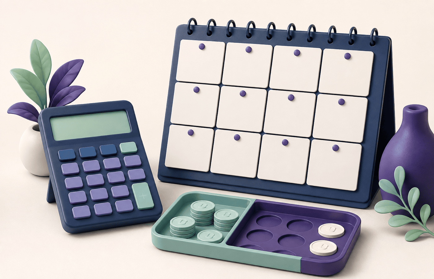 Calculadora y calendario anual con monedas recuperadas y espacios vacíos