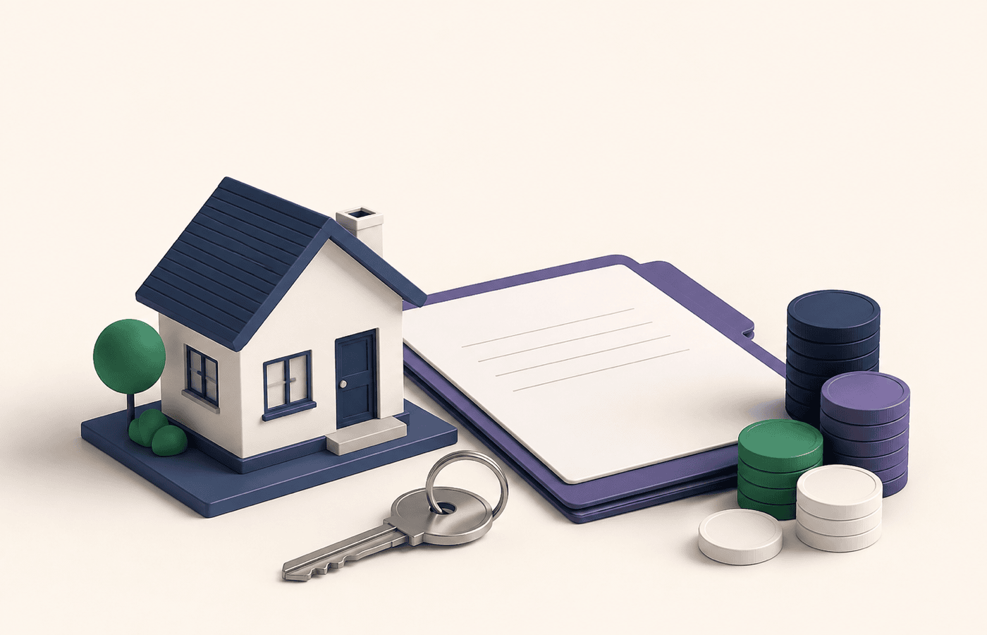 Vivienda en miniatura con llave, carpeta de contrato y fichas de cobro separadas