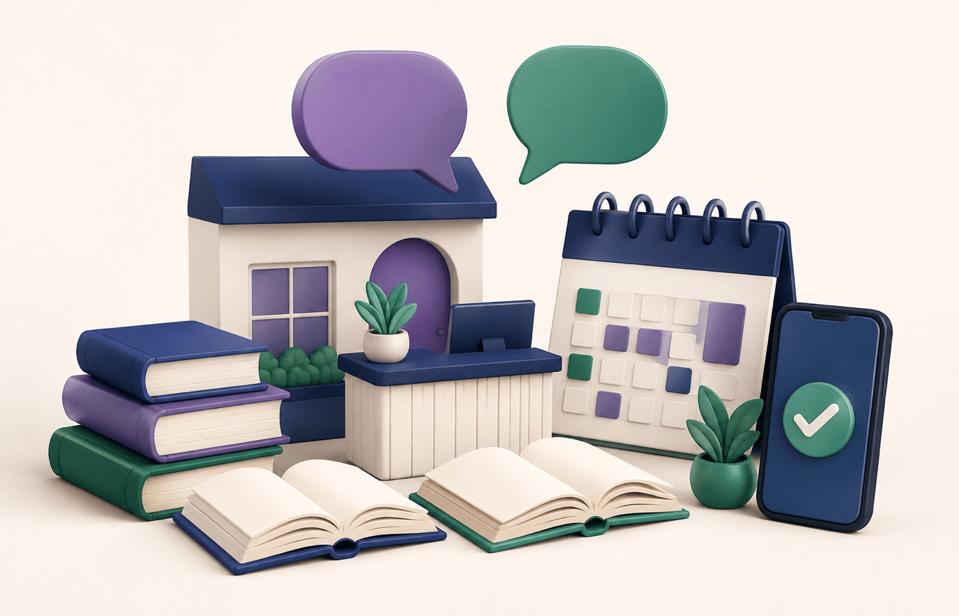 Academia de idiomas en miniatura con libros, calendario y teléfono de pago