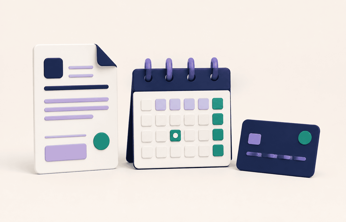 Factura abstracta, calendario mensual y ficha de pago como tres piezas separadas