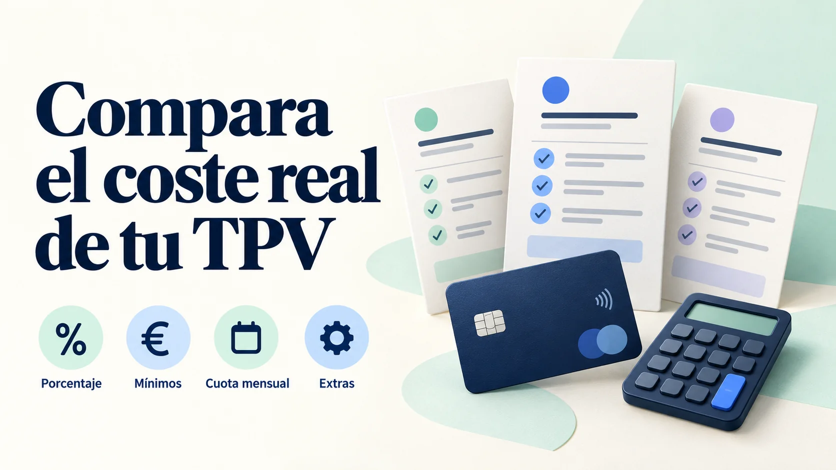 Compara el coste real de tu TPV: porcentaje, mínimos, cuota mensual y extras, con ofertas bancarias, una tarjeta y una calculadora