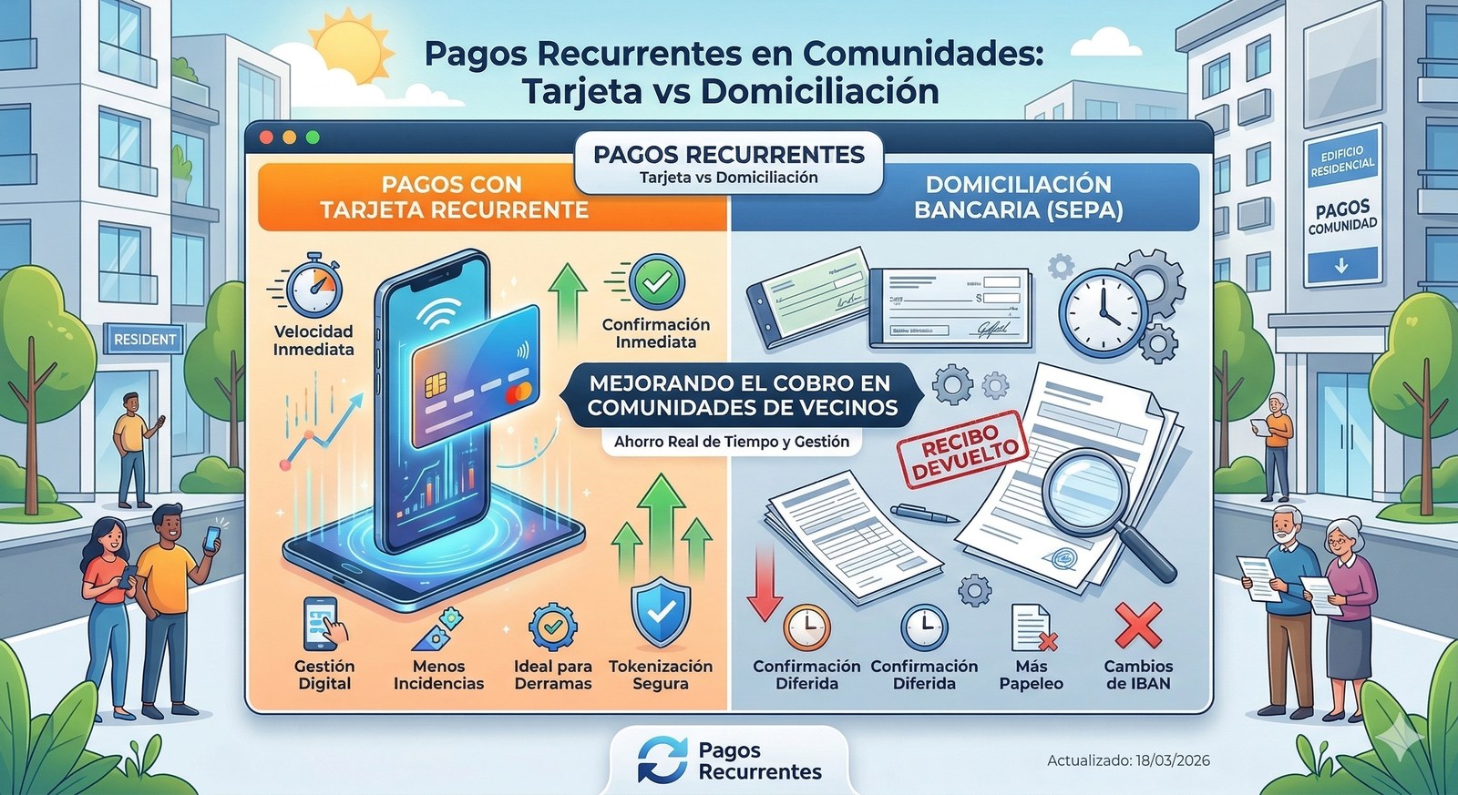 Ilustración sobre comunidades de vecinos, pagos recurrentes con tarjeta y comparación frente a la domiciliación