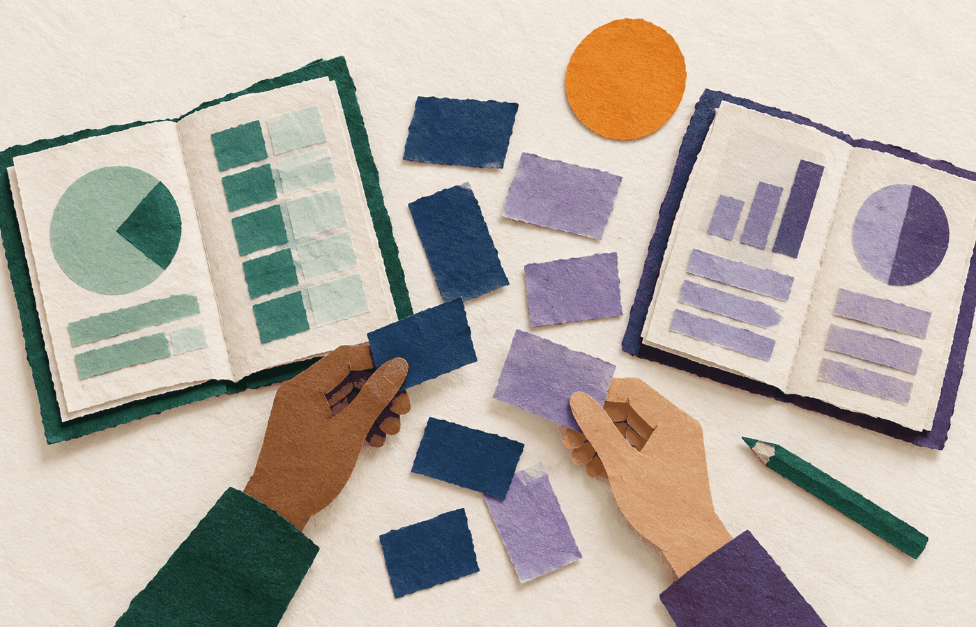 Collage de dos cuadernos y fichas que representan la revisión contable