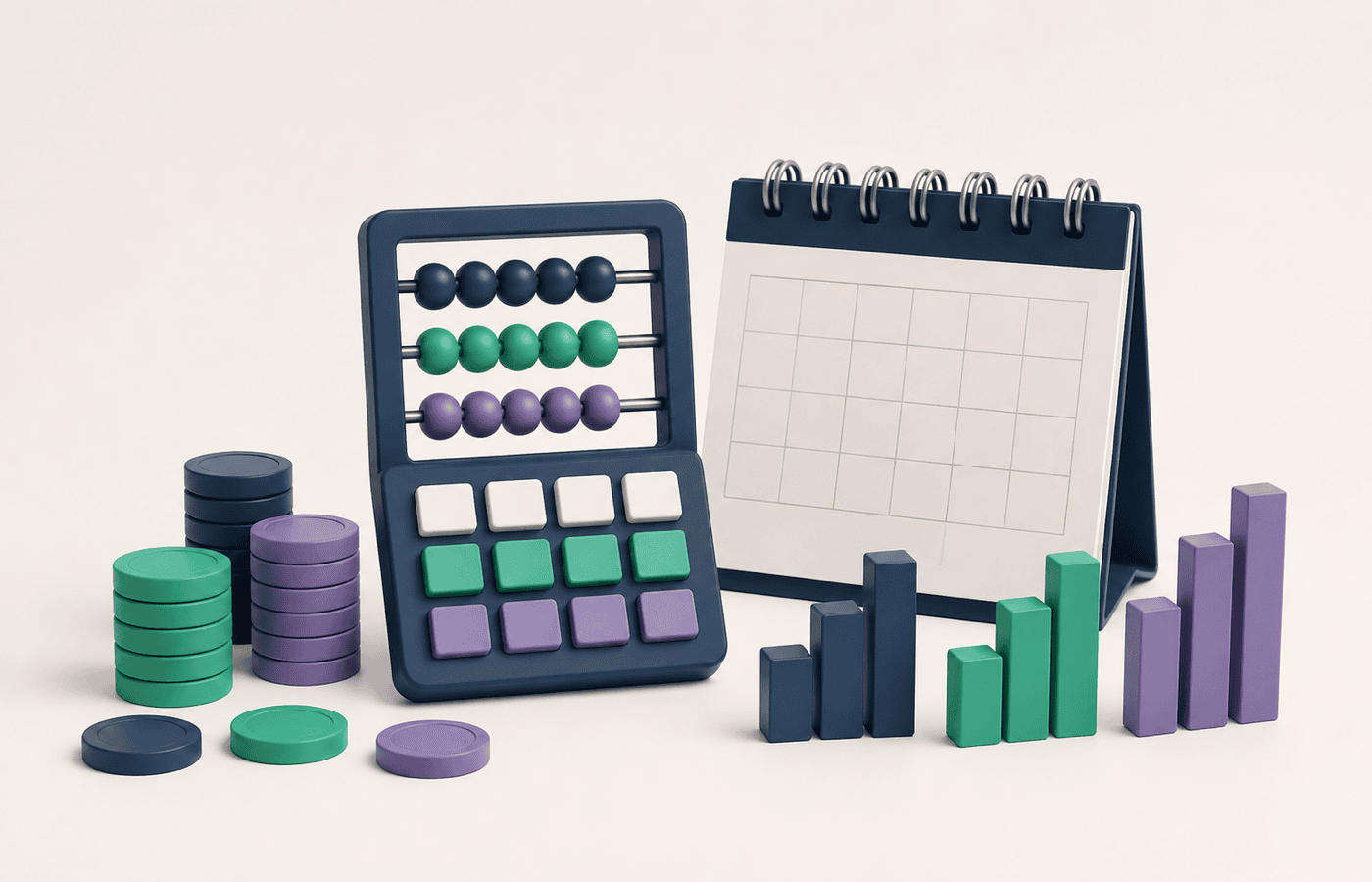 Calculadora abstracta, monedas y tres grupos de barras junto a un calendario