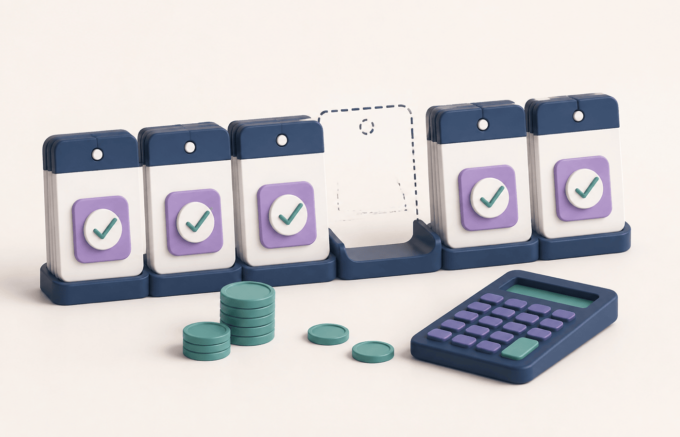 Calendario de cobros con una cuota ausente, monedas y calculadora sin cifras