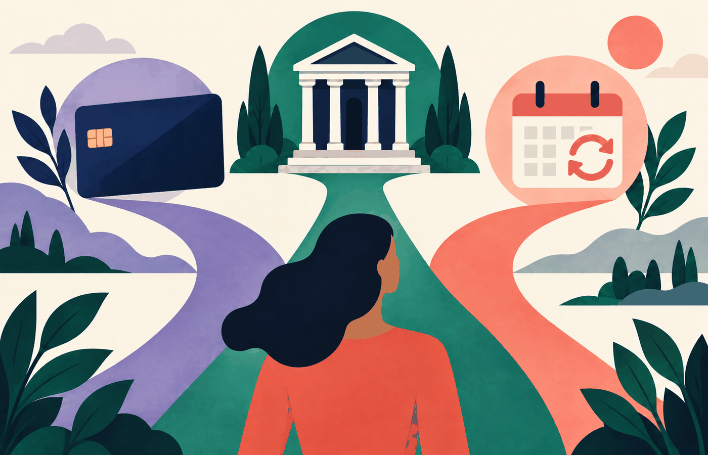 Ilustración plana de tres recorridos de pago con tarjeta, banco y calendario