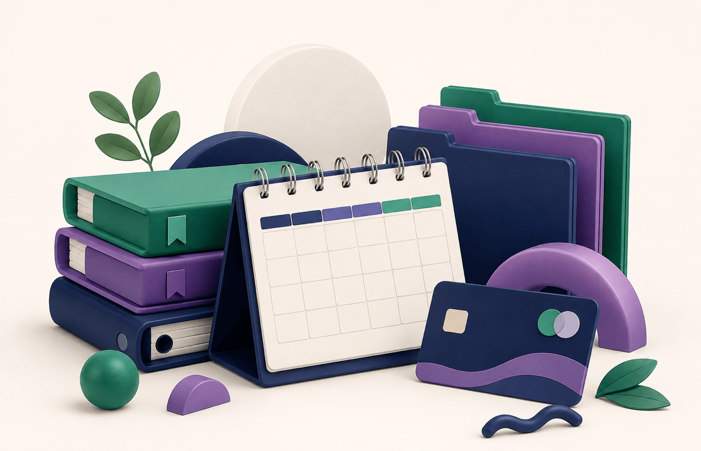 Calendario académico, carpetas de cursos y tarjeta como ilustración de mensualidades organizadas