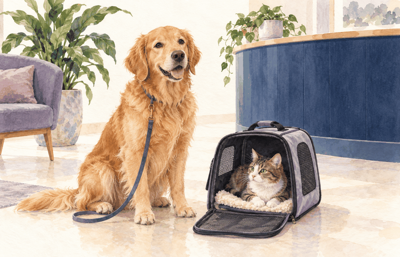 Acuarela de un perro y un gato en la recepción de una clínica veterinaria