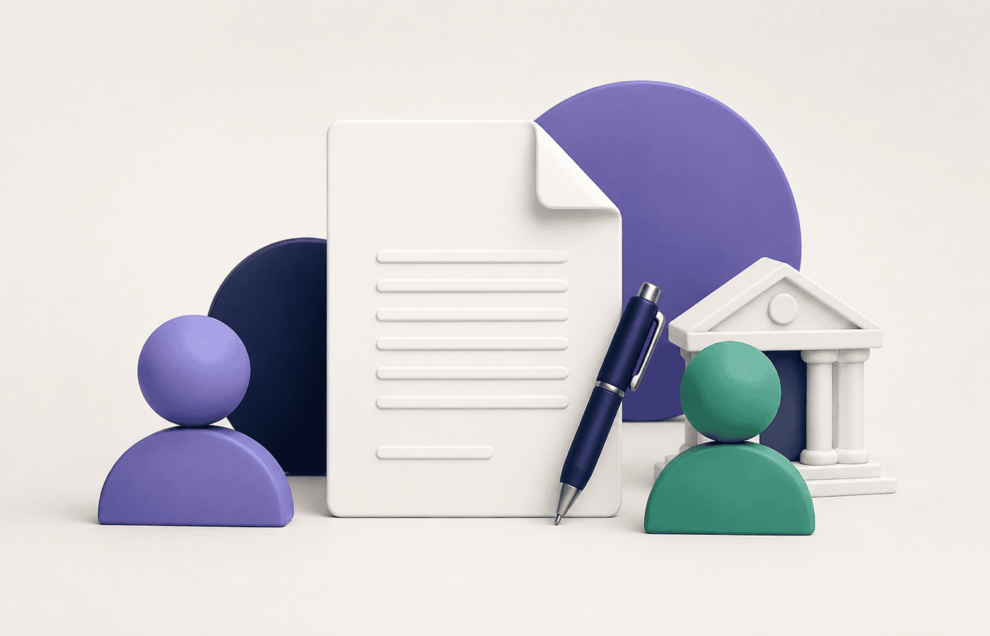 Documento de autorización, pluma, acreedor y pagador junto a un banco abstracto