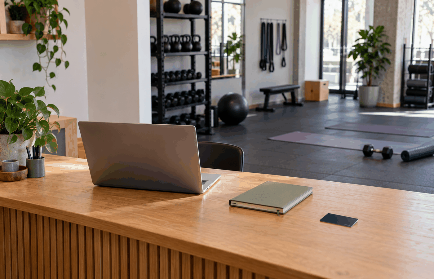 Mostrador con portátil delante de la sala de un gimnasio