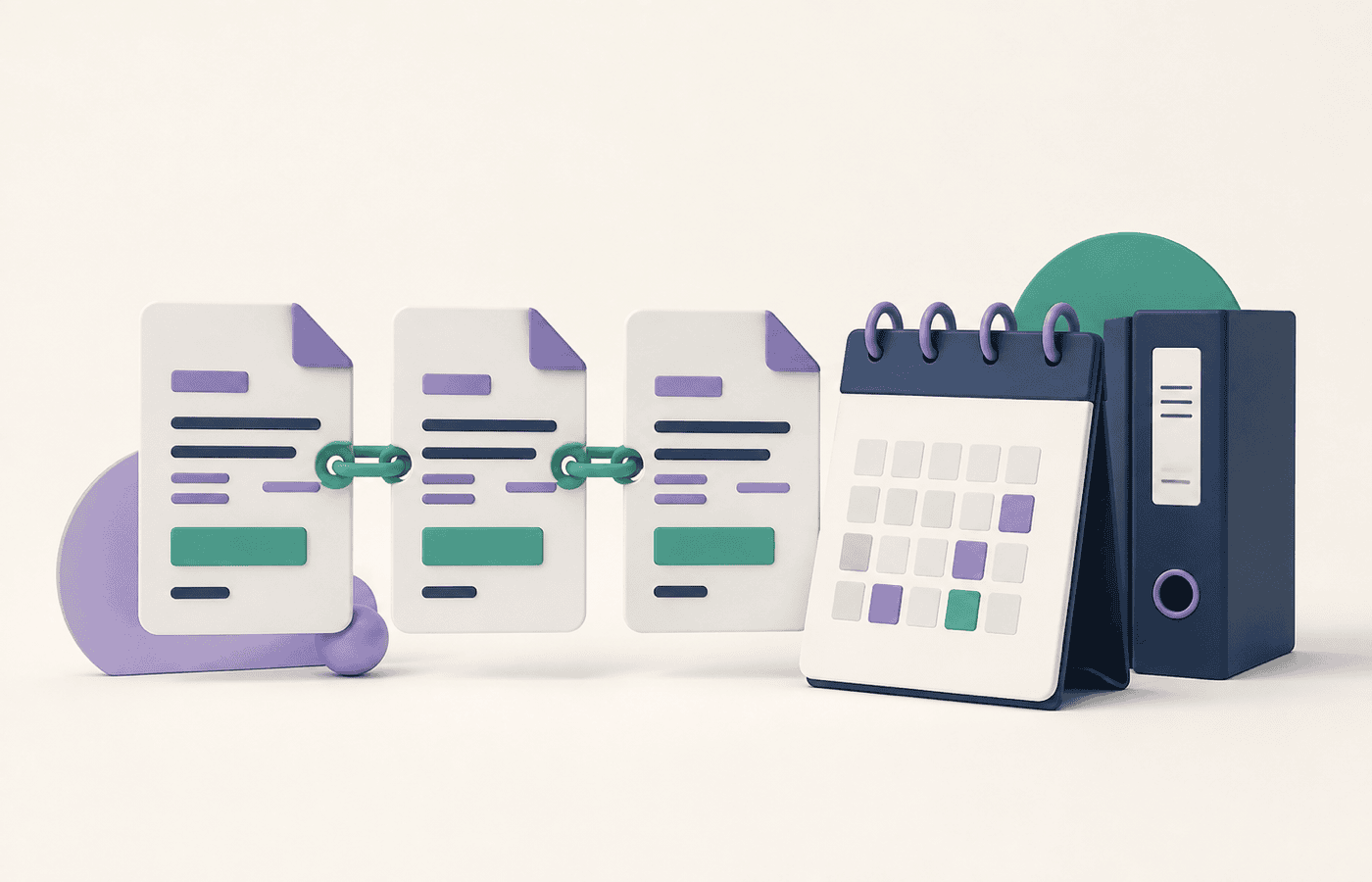 Documentos de facturación encadenados junto a un calendario y un archivador