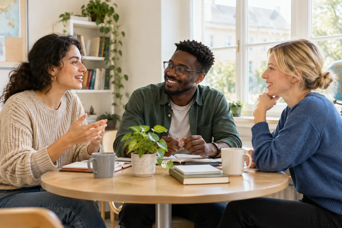 Grupo de estudiantes conversando alrededor de una mesa
