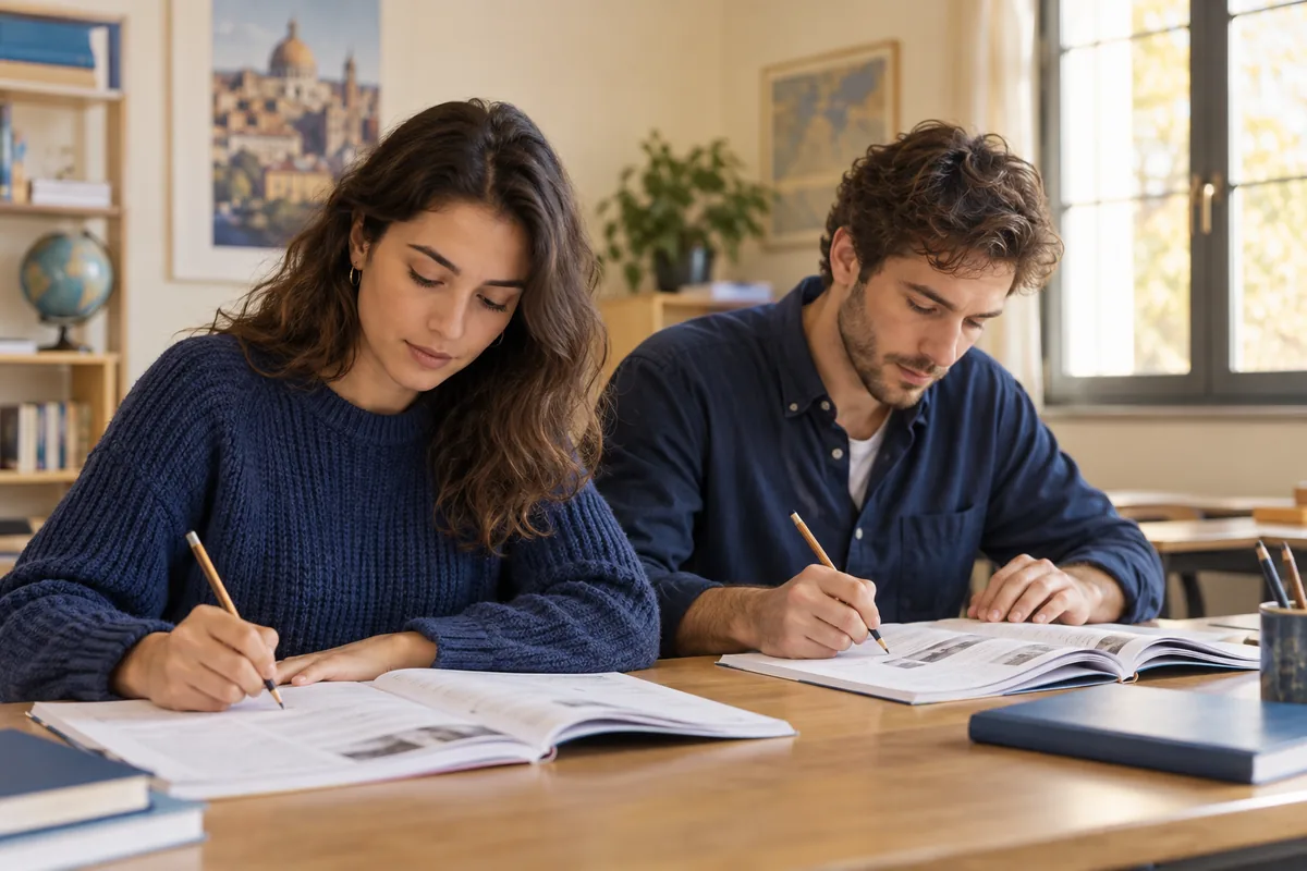 Dos estudiantes preparando un examen con sus cuadernos