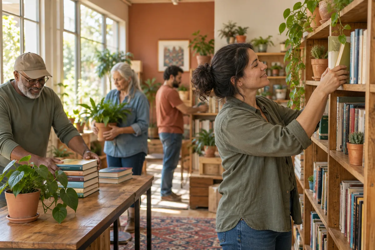 Voluntarios preparando libros y plantas en un espacio cultural