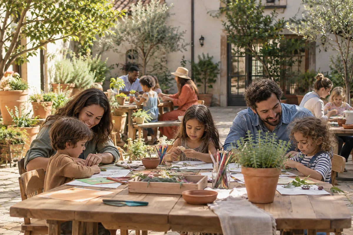 Familias haciendo una actividad creativa en un patio