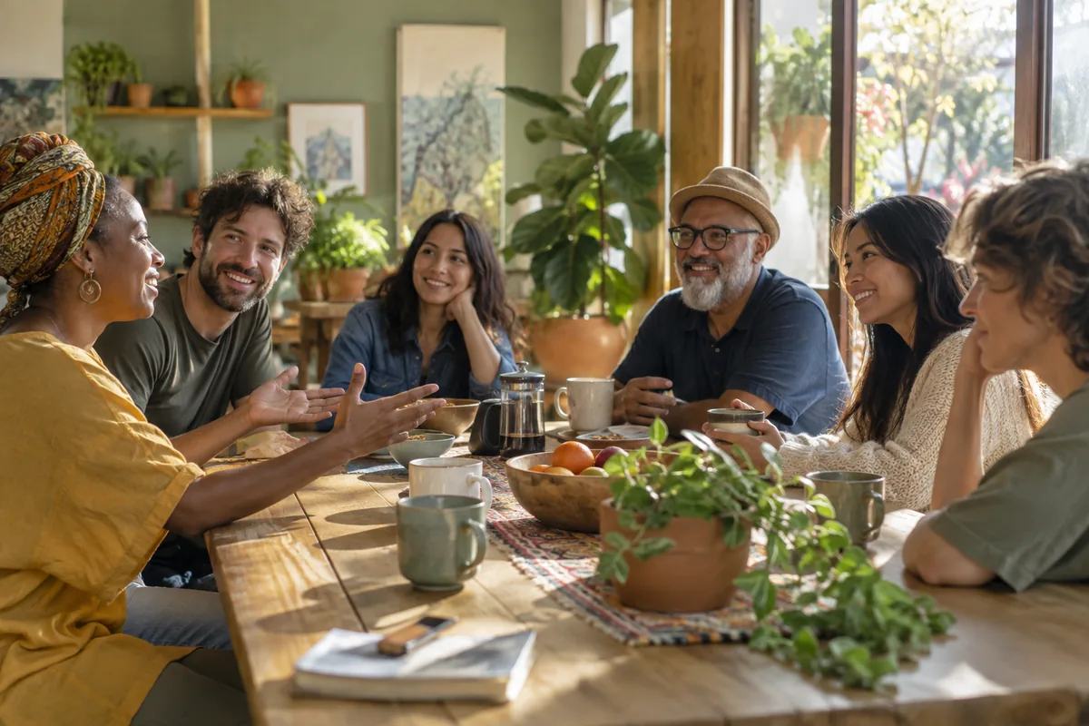 Vecinos compartiendo una mesa en un espacio comunitario